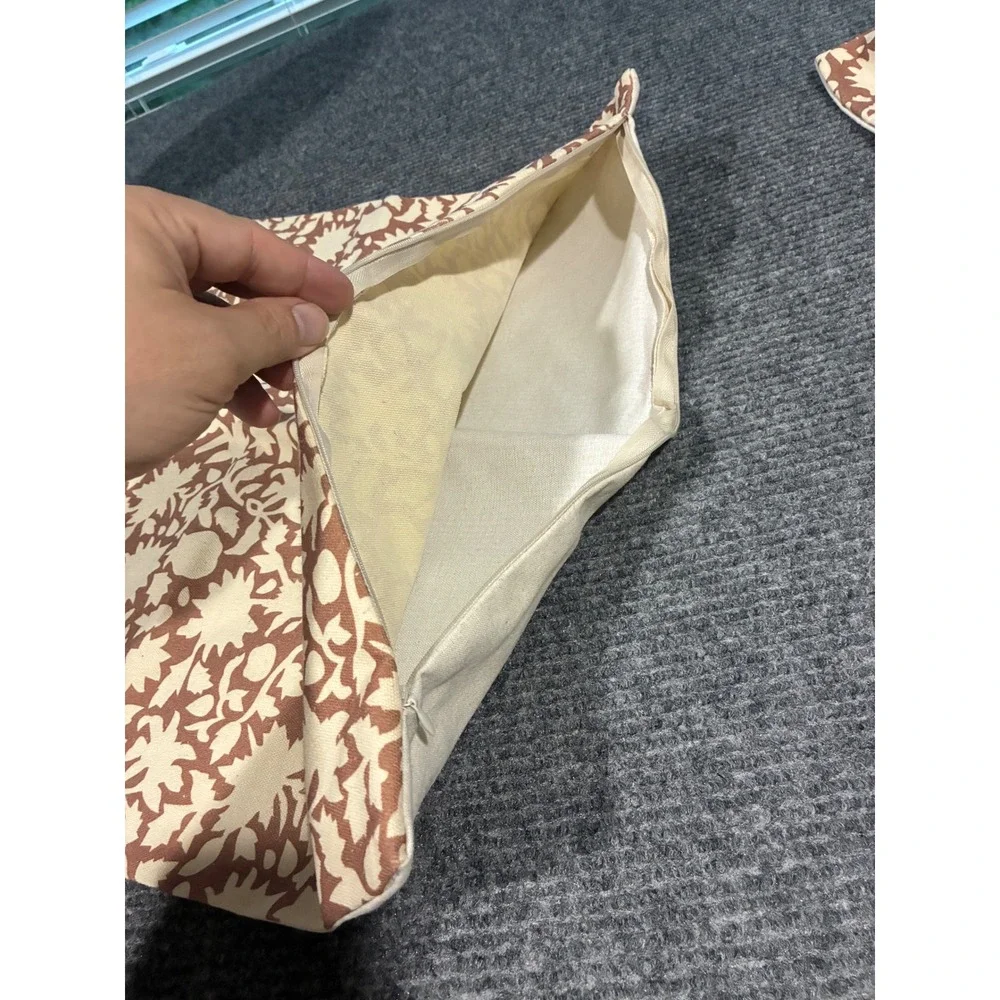 Set of 2 Floral Print Cotton Linen Throw Pillow Covers 18x18 Brown Cream Boho